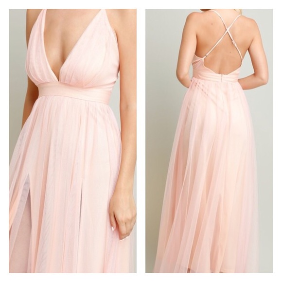 Baby Pink V Neck Flowy Tulle Gown - Picture 3 of 3